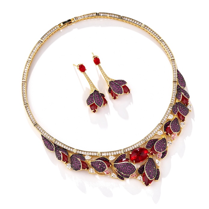 Bridal Brass Teardrop Oval Ruby Leaf Statement Necklace Earring Set