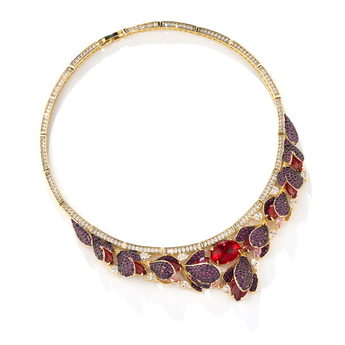 Bridal Brass Teardrop Oval Ruby Leaf Statement Necklace Earring Set - Image 2