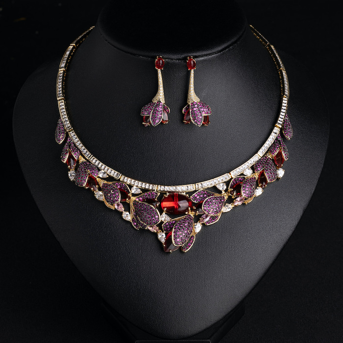 Bridal Brass Teardrop Oval Ruby Leaf Statement Necklace Earring Set - Image 4