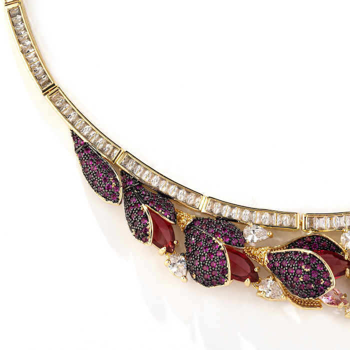 Bridal Brass Teardrop Oval Ruby Leaf Statement Necklace Earring Set - Image 3