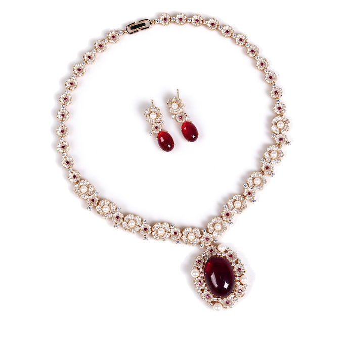 Bridal Brass 73g Luxury Stone Flowers Choker Necklace Earring Set