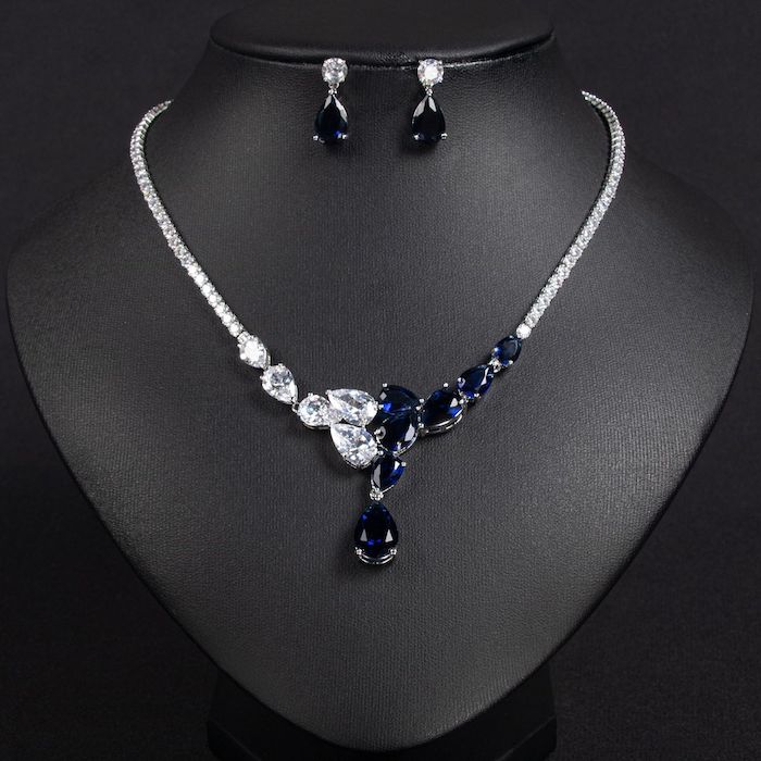 Bridal Brass Teardrop Stones Choker Necklace Earring Set - Image 3