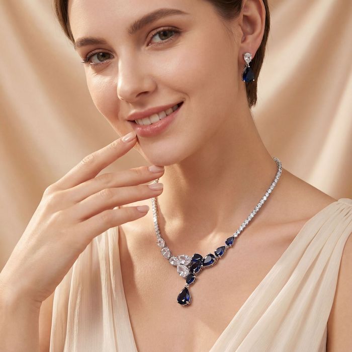 Bridal Brass Teardrop Stones Choker Necklace Earring Set - Image 4