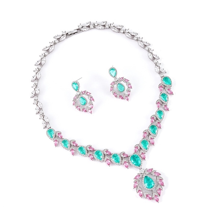 Factory Party Brass Teardrop CZ Heart Necklace Earrings Set