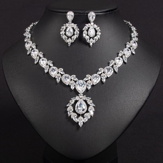 Factory Party Brass Teardrop CZ Heart Necklace Earrings Set - Image 2