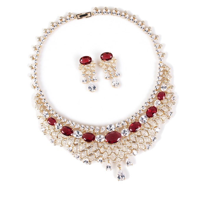 Factory Party Brass CZ Tassels Statement Necklace Earrings Set
