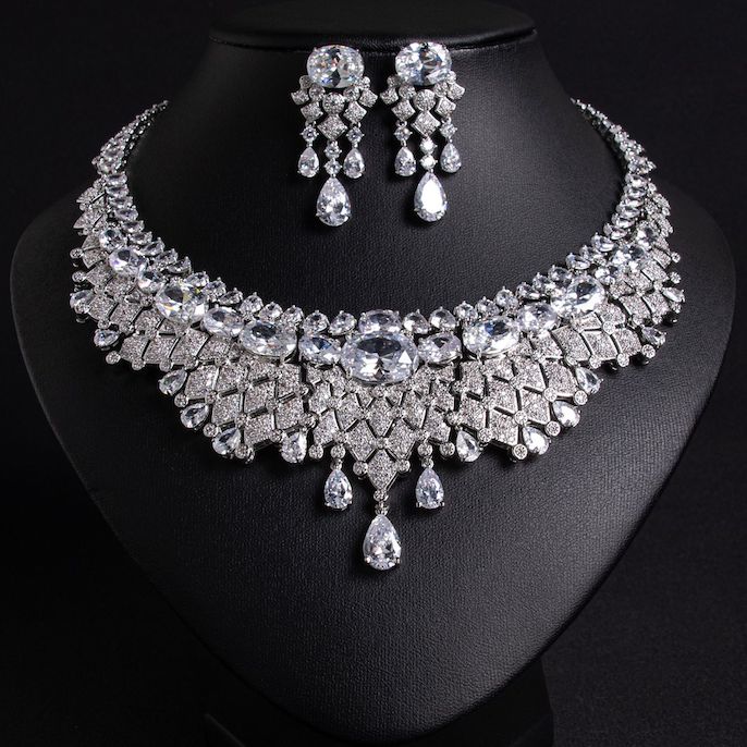 Factory Party Brass CZ Tassels Statement Necklace Earrings Set - Image 5