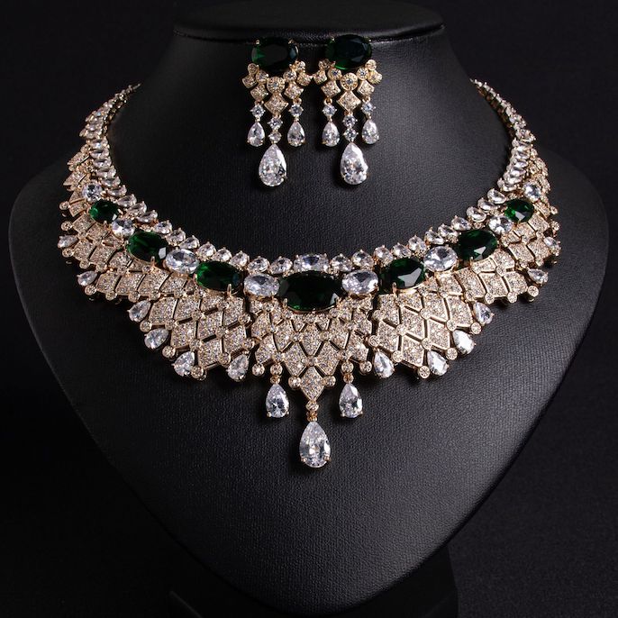 Factory Party Brass CZ Tassels Statement Necklace Earrings Set - Image 4