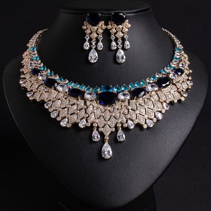 Factory Party Brass CZ Tassels Statement Necklace Earrings Set - Image 3