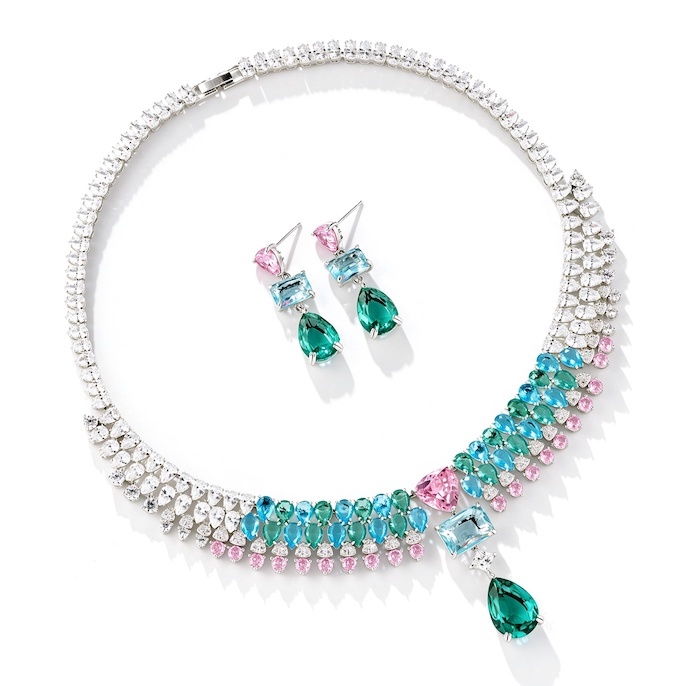 Party Brass Teardrop Stone Statement Necklace Earrings Set
