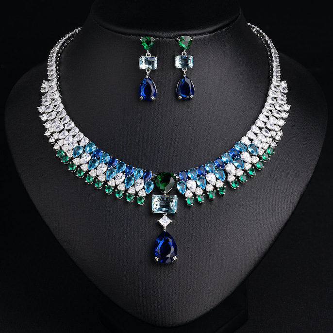 Party Brass Teardrop Stone Statement Necklace Earrings Set - Image 5