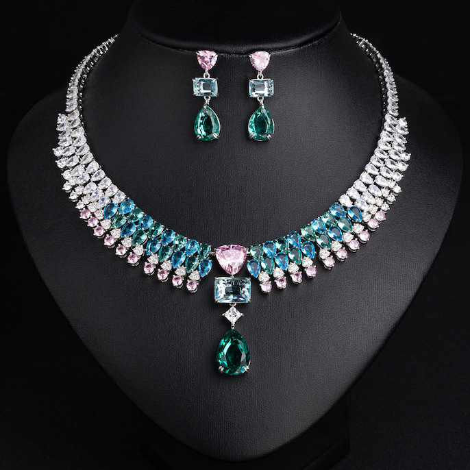 Party Brass Teardrop Stone Statement Necklace Earrings Set - Image 3