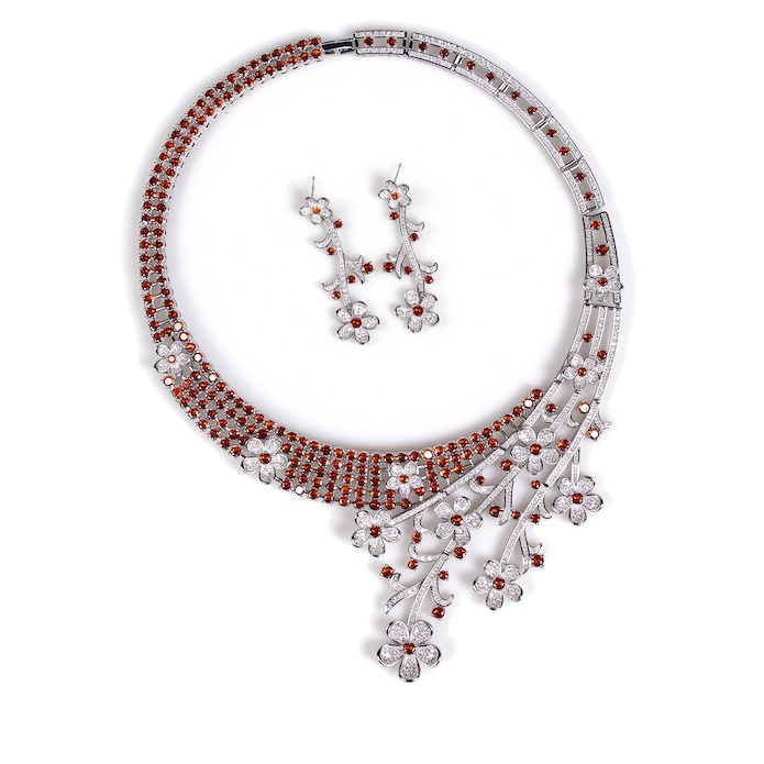 Heavy Bridal Brass Diamond Flowers Statement Necklace Earring Set