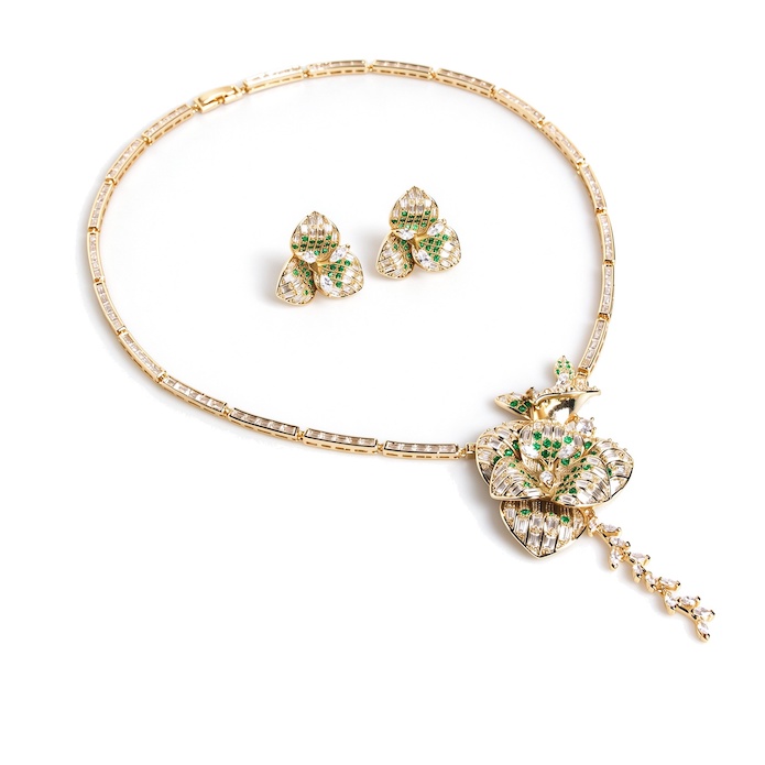 Bridal Brass CZ Leaf Flower Pendant Necklace Earring Set