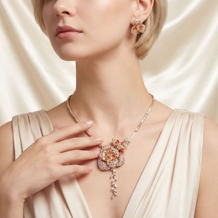Bridal Brass CZ Leaf Flower Pendant Necklace Earring Set - Image 3
