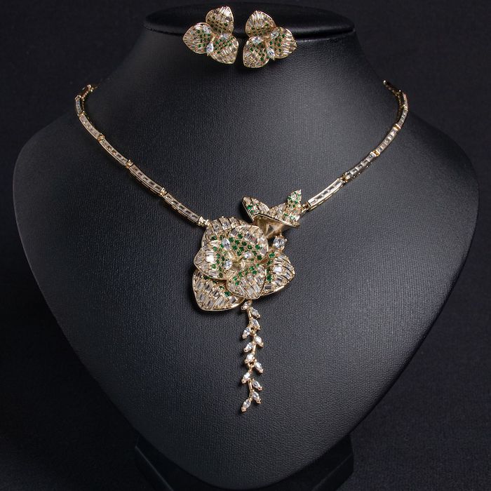 Bridal Brass CZ Leaf Flower Pendant Necklace Earring Set - Image 2
