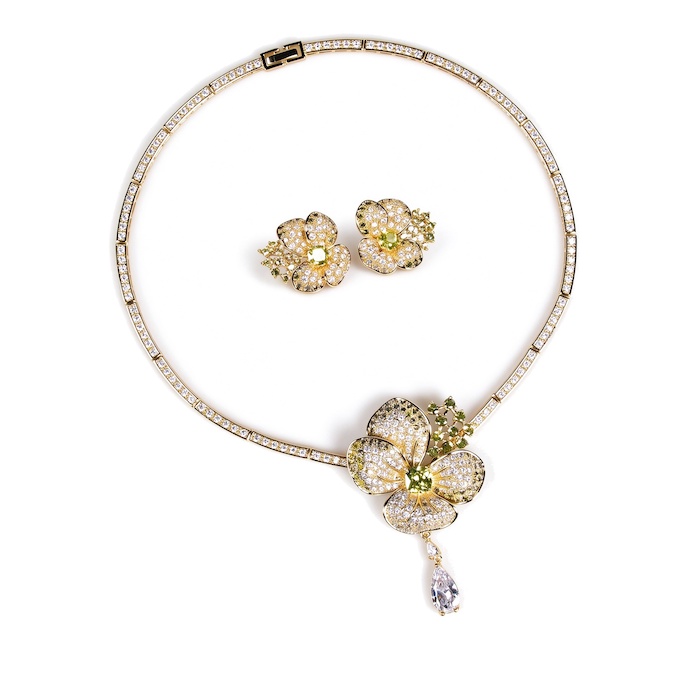 Party Brass Teardrop CZ Flowers Choker Necklace Earrings Set