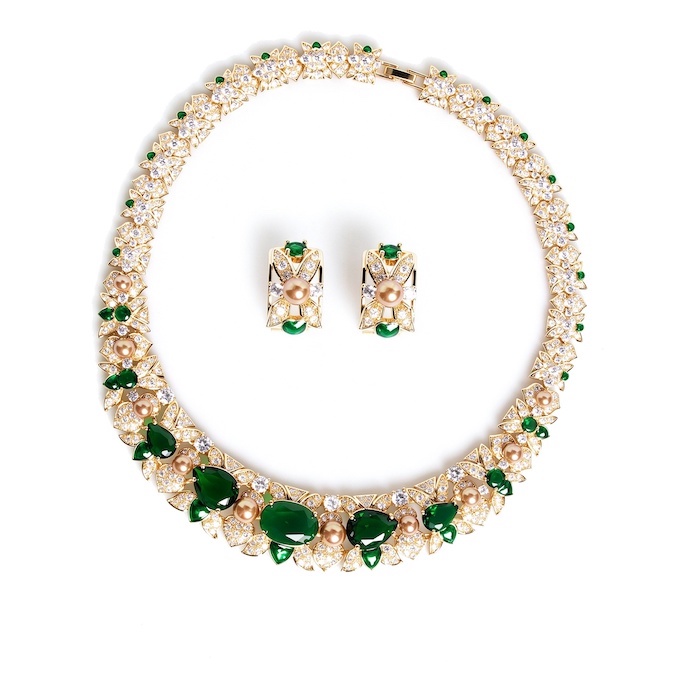 Party Brass Oval Emerald Leaf Choker Necklace Earrings Set