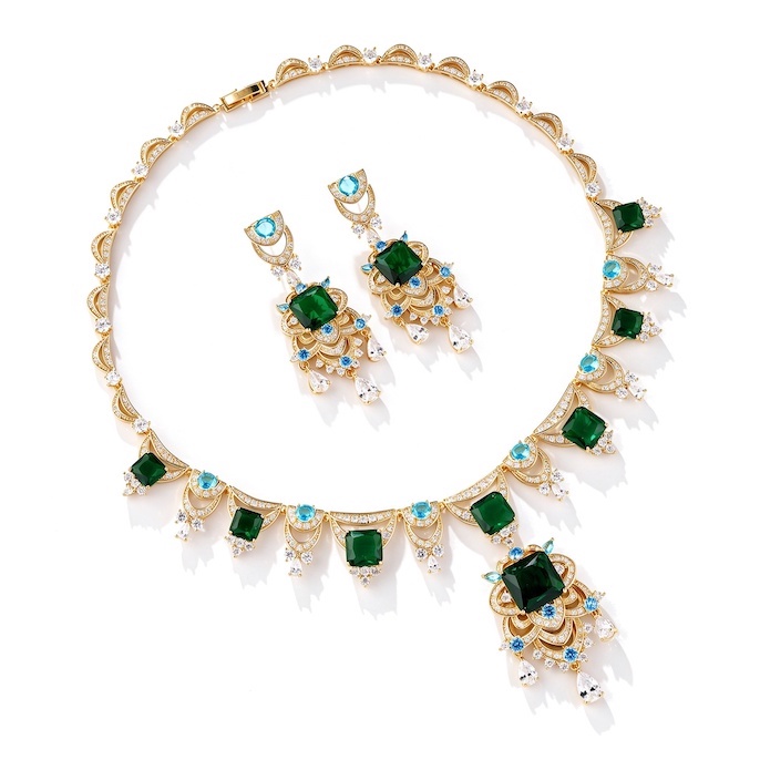 Party Brass Square Emerald Choker Necklace Earrings Set
