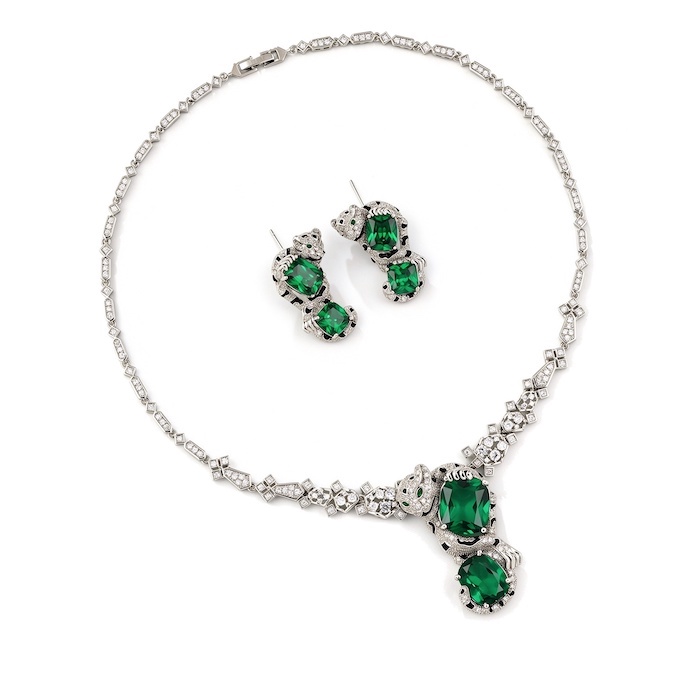 Party Brass Diamond Leopard Pendant Necklace Earrings Set