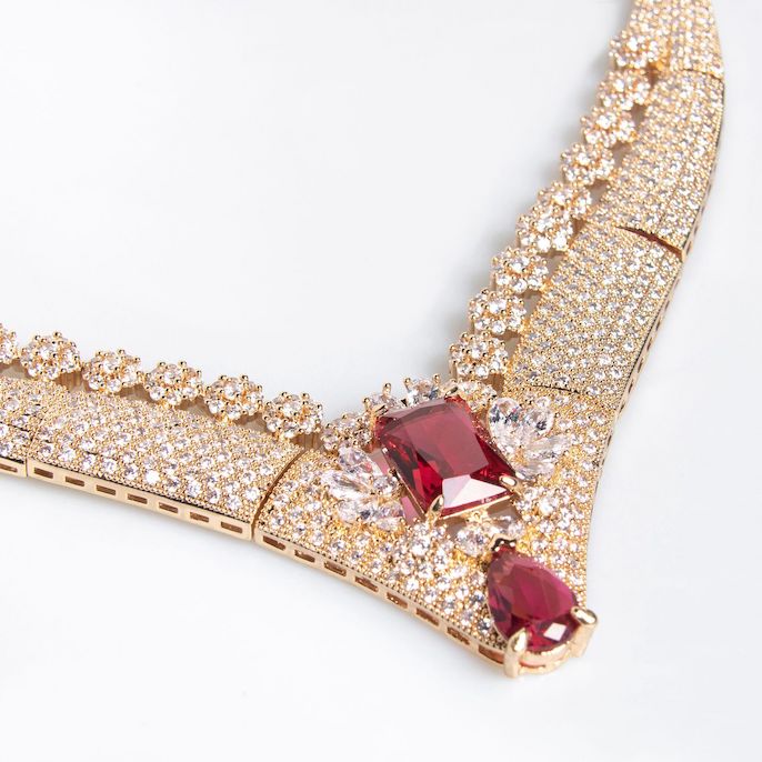 Party Brass Diamonds Ruby Statement Necklace Earrings Set - Image 2