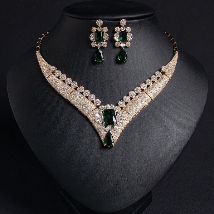 Party Brass Diamonds Ruby Statement Necklace Earrings Set - Image 4
