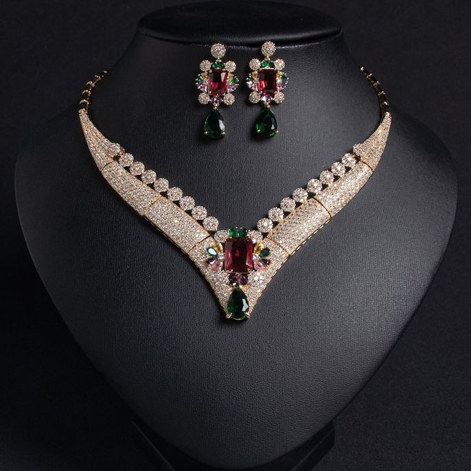 Party Brass Diamonds Ruby Statement Necklace Earrings Set - Image 5