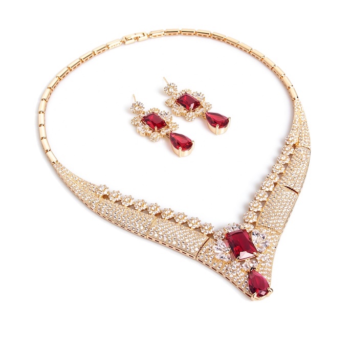 Party Brass Diamonds Ruby Statement Necklace Earrings Set