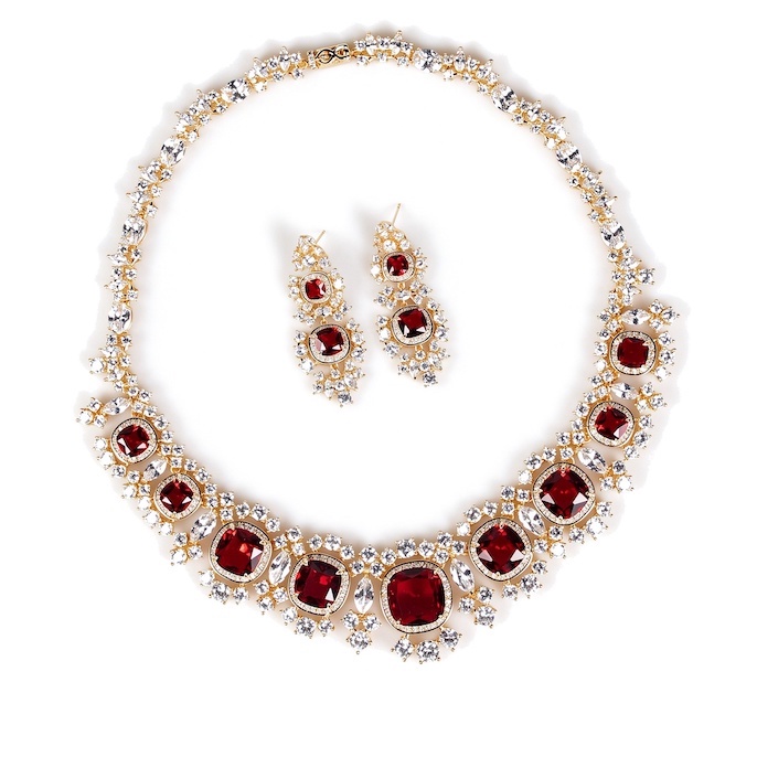 Party Brass CZ Ruby Leaf Statement Necklace Earrings Set