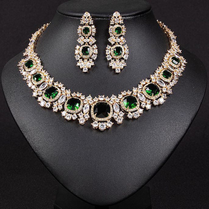 Party Brass CZ Ruby Leaf Statement Necklace Earrings Set - Image 5