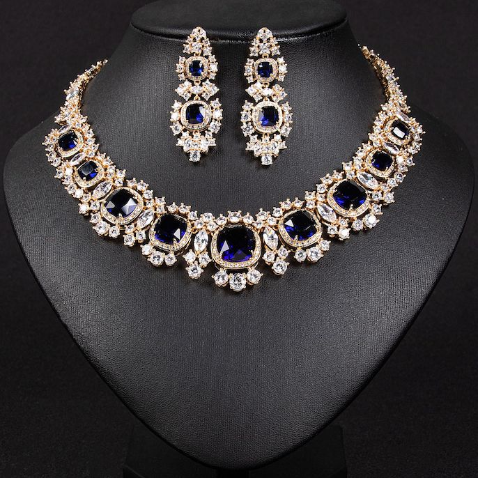 Party Brass CZ Ruby Leaf Statement Necklace Earrings Set - Image 4