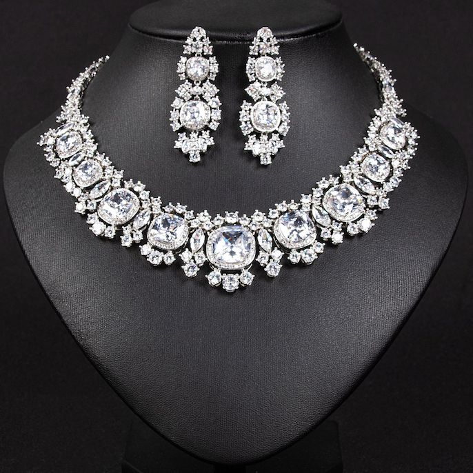 Party Brass CZ Ruby Leaf Statement Necklace Earrings Set - Image 3