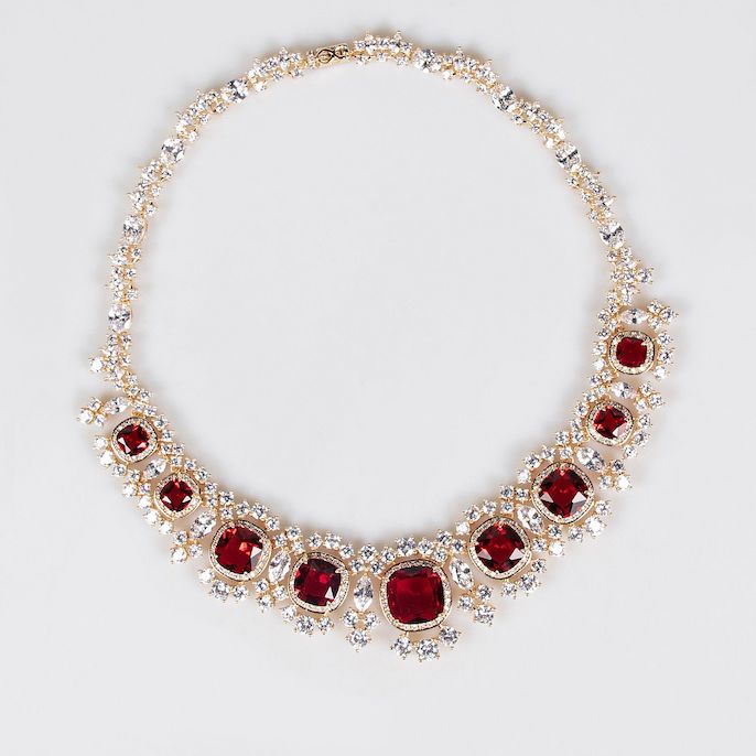Party Brass CZ Ruby Leaf Statement Necklace Earrings Set - Image 2
