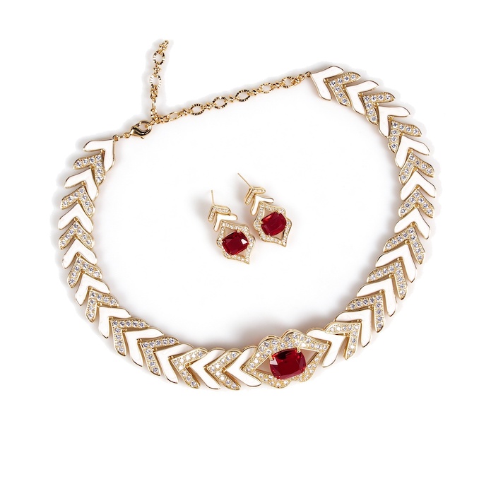 Bridal Brass Oval Gemstones CZ Arrows Choker Necklace Earring Set
