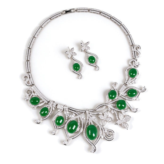 Bridal Brass Hollow Oval Gemstone Leaf Choker Necklace Earring Set