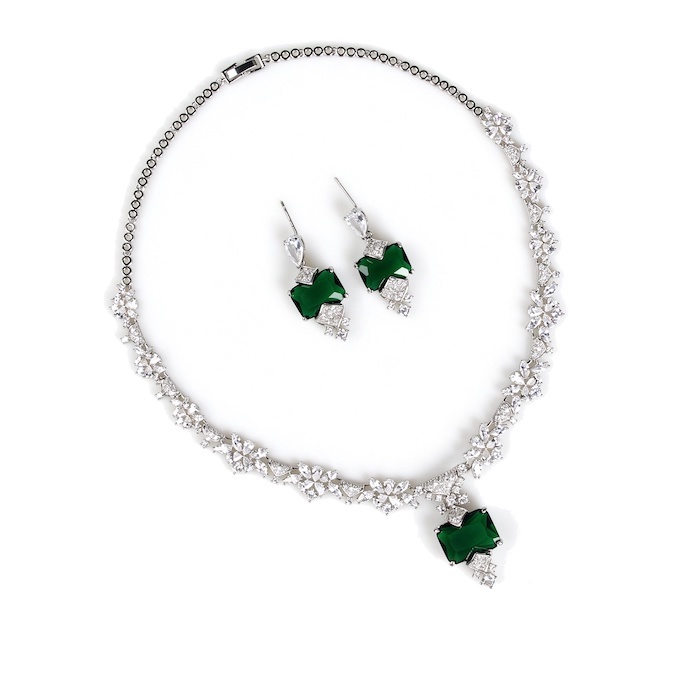 Party Brass Geometric Stone Flowers Pendant Necklace Earrings Set