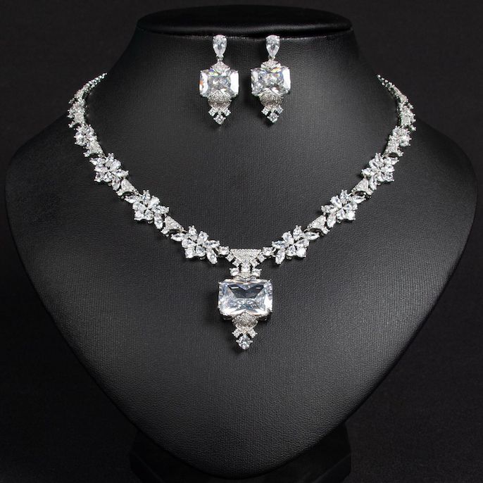 Party Brass Geometric Stone Flowers Pendant Necklace Earrings Set - Image 4