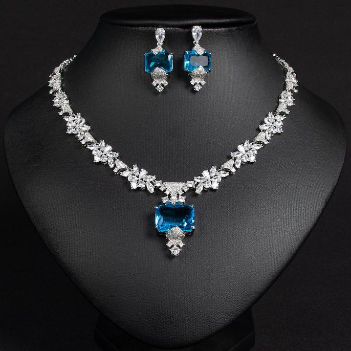Party Brass Geometric Stone Flowers Pendant Necklace Earrings Set - Image 3