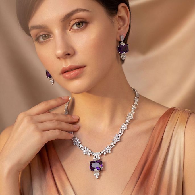 Party Brass Geometric Stone Flowers Pendant Necklace Earrings Set - Image 5