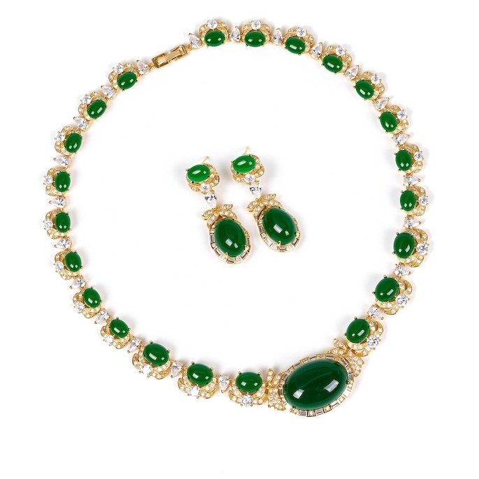 Party Brass Emerald Gemstone Choker Necklace Earrings Set