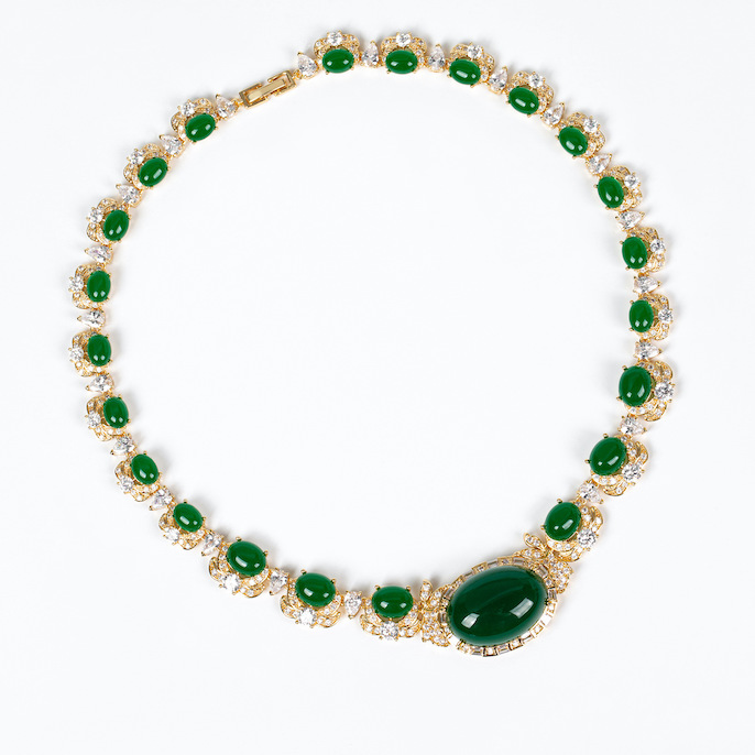 Party Brass Emerald Gemstone Choker Necklace Earrings Set - Image 3