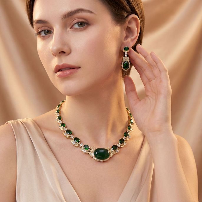 Party Brass Emerald Gemstone Choker Necklace Earrings Set - Image 4