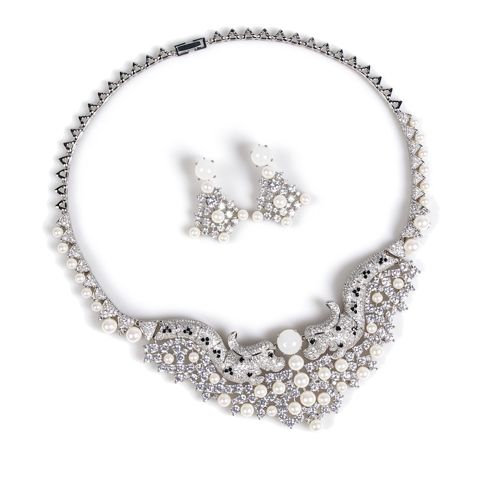 Bridal Brass Hollow CZ Pearls Statement Necklace Earring Set