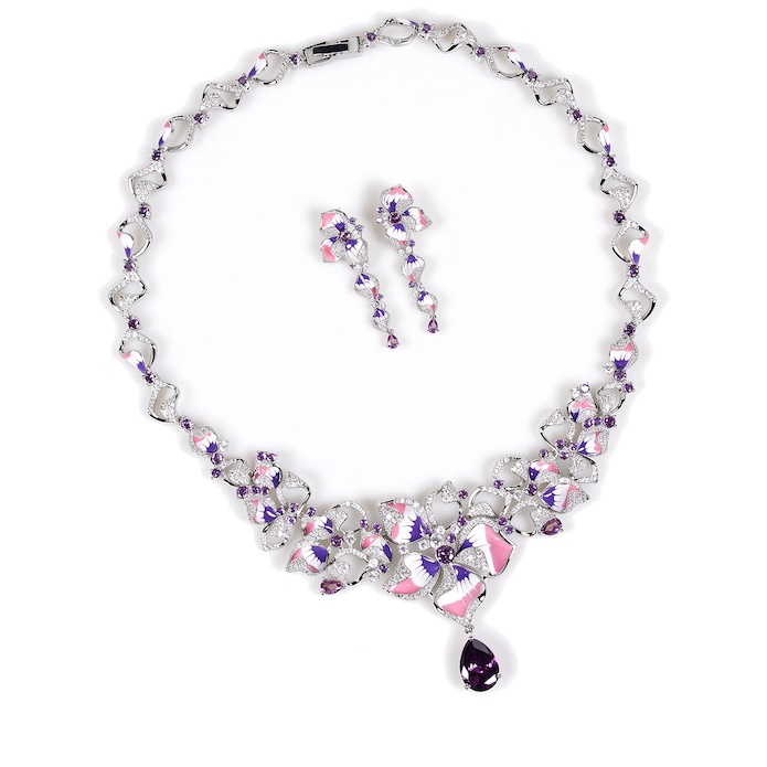 Bridal Brass Epoxy CZ Gemstone Flowers Statement Necklace Earring Set