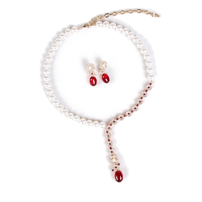 Bridal Brass Oval Gemstone Pearls Choker Necklace Earring Set