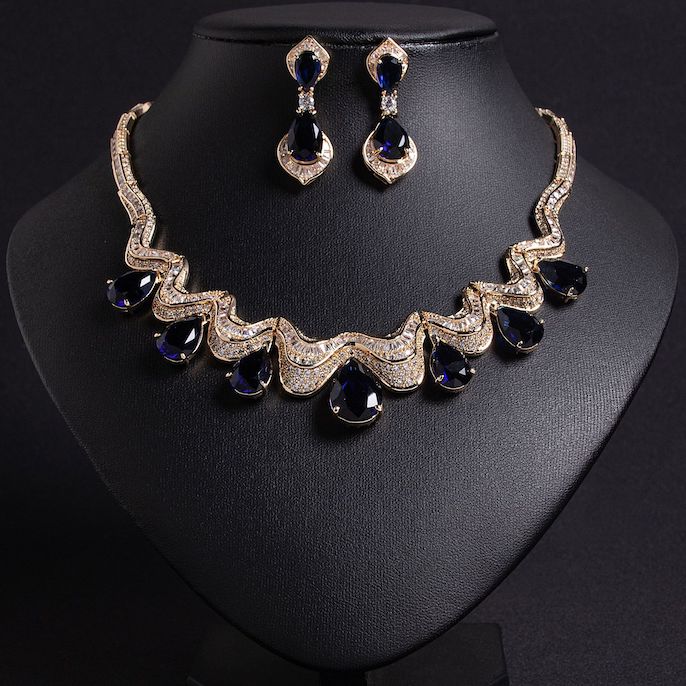 Party Brass Wavy Teardrop Stones Choker Necklace Earrings Set - Image 6