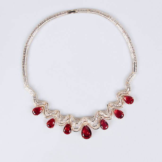 Party Brass Wavy Teardrop Stones Choker Necklace Earrings Set - Image 2