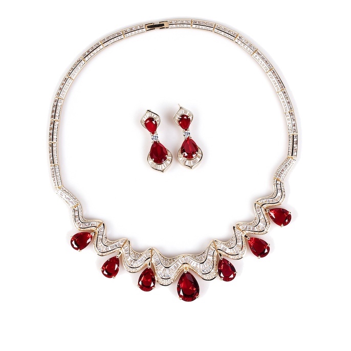 Party Brass Wavy Teardrop Stones Choker Necklace Earrings Set