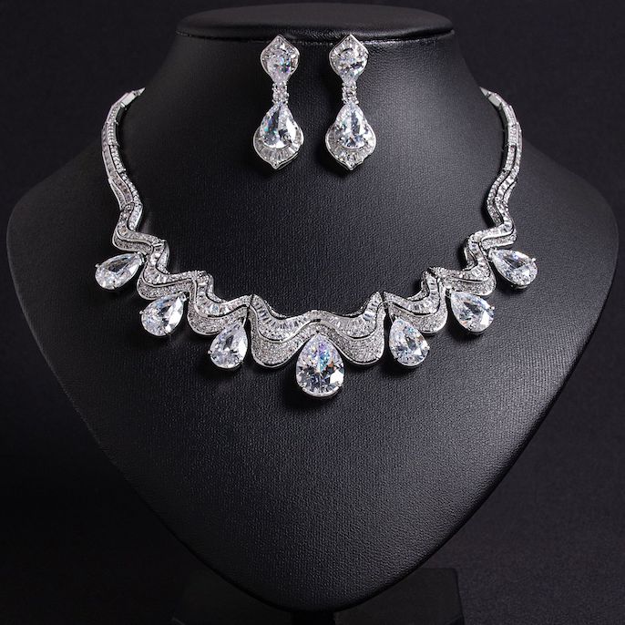 Party Brass Wavy Teardrop Stones Choker Necklace Earrings Set - Image 3