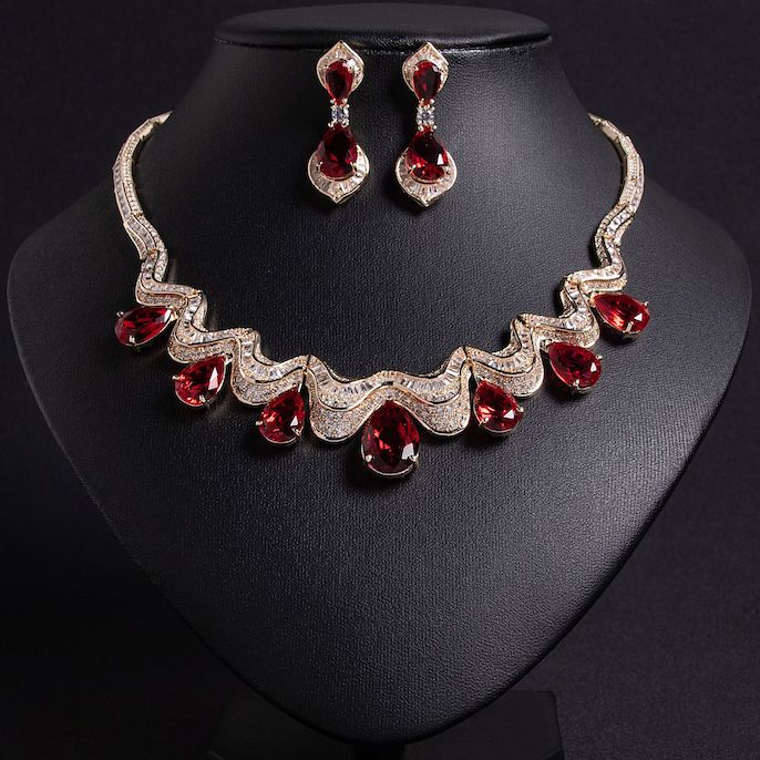 Party Brass Wavy Teardrop Stones Choker Necklace Earrings Set - Image 4